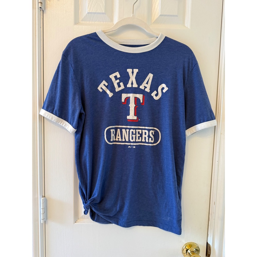 Texas Rangers‎ Majestic Ringer T Shirt Small Blue White MLB Baseball Tee
